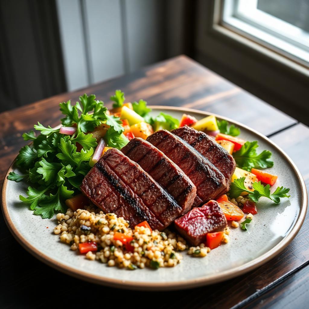 Prato com carne magra grelhada, salada verde, legumes coloridos e grãos integrais